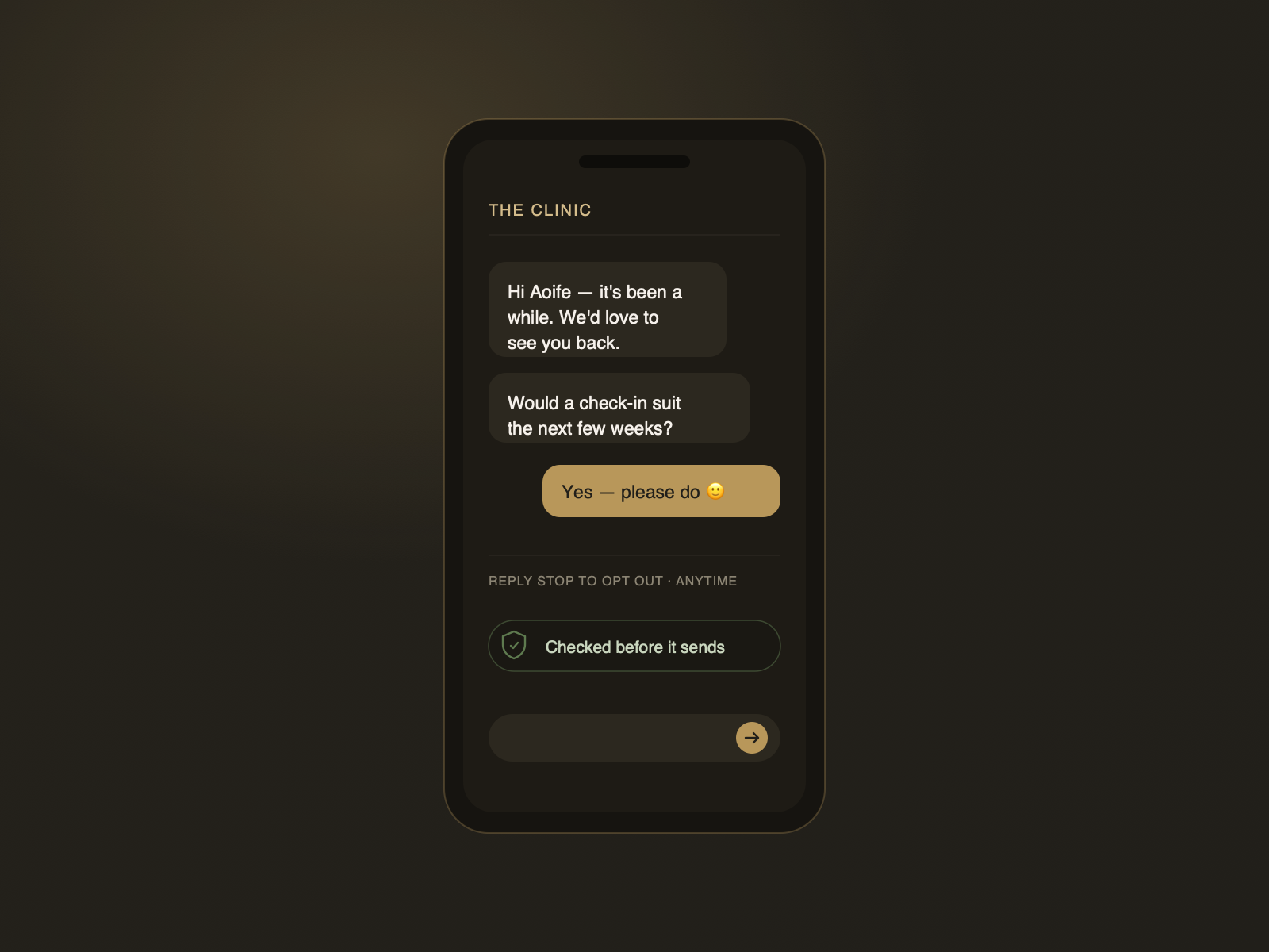 A warm, compliant re-engagement message on a phone, with an opt-out on every message